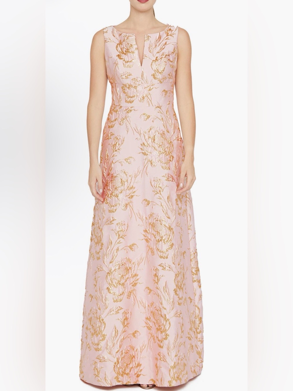 Kay Unger Sleeveless Pink Maxi Dress with Gold Floral Jacquard